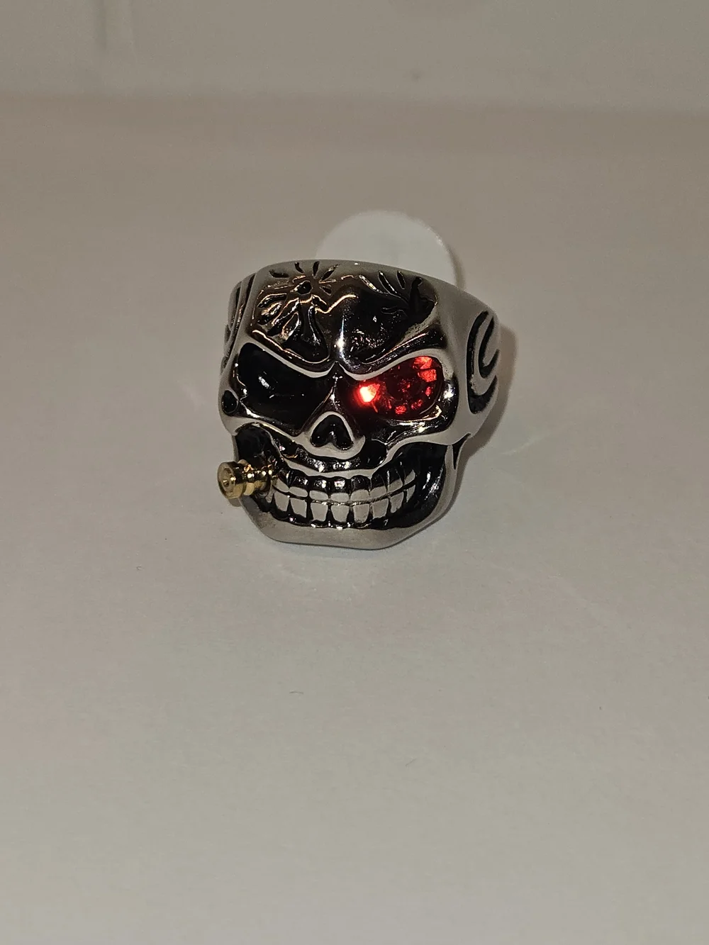 Silver Skull Ring with Red Eye and Black Accents - Men's Accessory